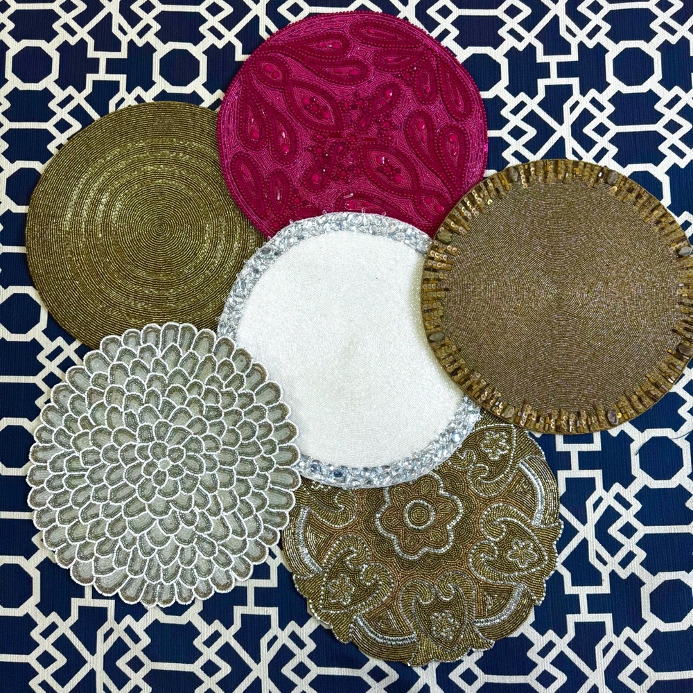 Kim Seybert Croscill Beaded Placemats Set of 6 Gold Silver Pink